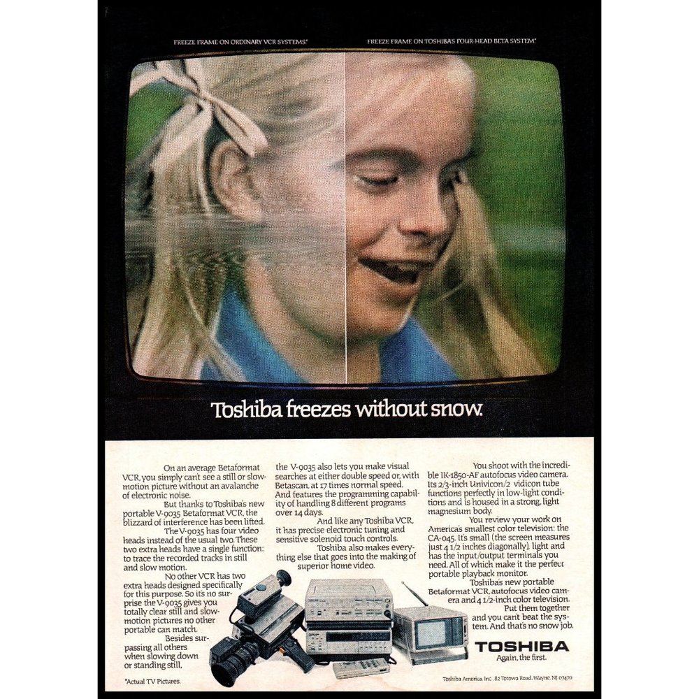 1982 Toshiba Beta VCR and Video Camera Vintage Print Ad Little Girl TV Wall Art